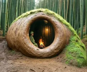 معماری خلاقانه؛ وسط جنگل با چوب و نخ خونه نقلی ساخت گل مالی کرد از سرما یخ نزنه