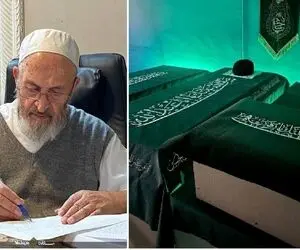 آیت الله جعفر سبحانی احتمالا بر پیکر آیت الله خامنه ای رهبر شهید نماز می خواند