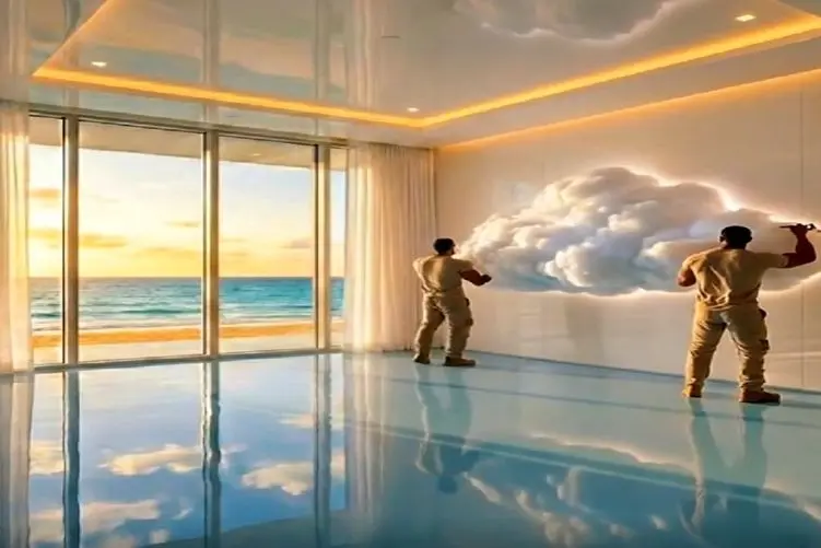 معماری خلاقانه؛ اتاق رو با تم ابر دیزاین کردن تخت و کف زمین ابری انگار تو آسمون هفتمن