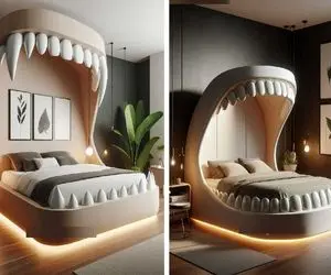 چیدمان اتاق خواب با تخت طرح فک/ تخت فک شکل تلفیقی از آناتومی بدن و هنر