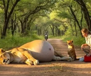 مستند حیات وحش؛ شیر حامله با حالت زار افتاده بود کنار جاده و مترصد امداد الهی