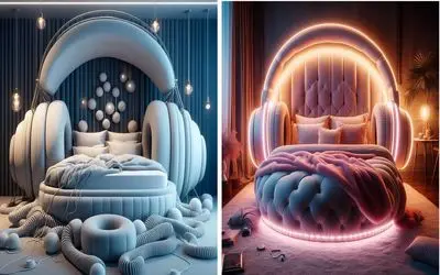 طراحی زیبا و دلربای اتاق خواب با تخت‌های هدفون شکل برای افرادی که عاشق موسیقی هستند