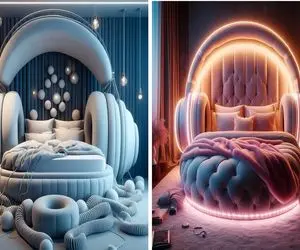 طراحی زیبا و دلربای اتاق خواب با تخت‌های هدفون شکل برای افرادی که عاشق موسیقی هستند