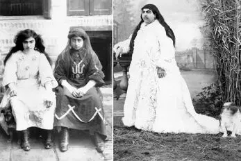 تصویر بازسازی شده رنگی دو زن قاجار با حیوان خانگی که زیر لباس دختر پنهان شده
