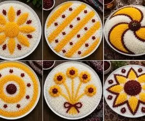 مدل به مدل تزیین برنج تو دیس؛ با سه قلم زرشک، زعفرون و خلال تابلو نقاشی طراحی کنید
