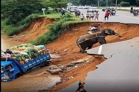 جابه جایی جانکاه؛ آسفالت شکافت وانت رفت تو آب فیل نعره زنان درش میاره