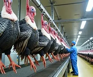 فرآوری بوقلمون؛ جوجه بوقلمون و میذاره تو دستگاه گُنده که شد گلوشو میبره درسته میپزه