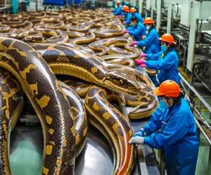 فرآوری مار؛ پیتون 10 متری که 350 کیلو شد پوستش با لیزر جدا و گوشتش میشه سالاد سزار