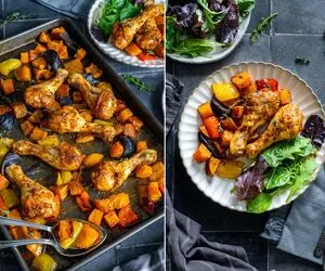 خوراک ساق مرغ و سبزیجات گریل؛ مرغ آبدار و لطیف کنار سبزیجات برشته