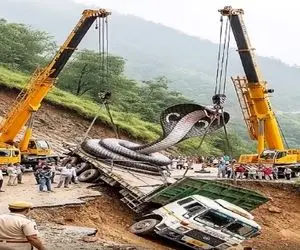 جا به جایی جانکاه؛ مار غول پیکر تو یه حرکت تریلی رو فرستاد تو دره مردم گرخیدن