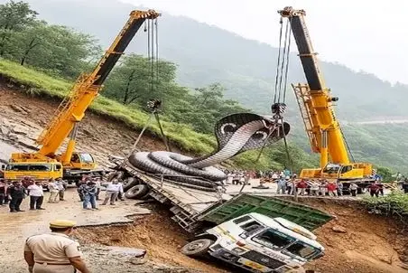 جا به جایی جانکاه؛ مار غول پیکر تو یه حرکت تریلی رو فرستاد تو دره مردم گرخیدن