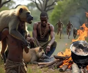 کباب بابون؛ بربرهای برهنه بعد خفه کردن میمون تو آب درسته زغالی و با سس به نیش کشیدن