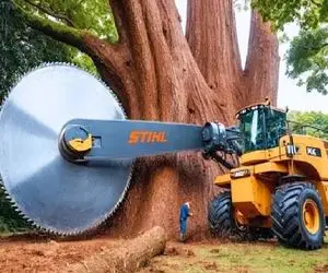 ابزارآلات غول پیکر؛ بیل مکانیکی غول برای افزایش سرعت تو کندن درخت اره دیسکی شد