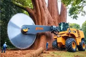 ابزارآلات غول پیکر؛ بیل مکانیکی غول برای افزایش سرعت تو کندن درخت اره دیسکی شد