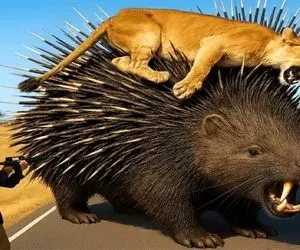 حیات وحش مصنوعی؛ قهرمانان شجاع شیر را از تیغ های بران جوجه تیغی نجات می‌ دهند