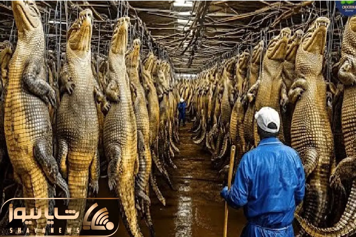 فرآوری تمساح؛ کیلو کیلو گوشت میریزن حلق تمساح پوستش در بیارن برا سود از دباغی