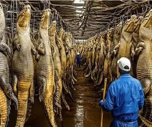 فرآوری تمساح؛ کیلو کیلو گوشت میریزن حلق تمساح پوستش در بیارن برا سود از دباغی