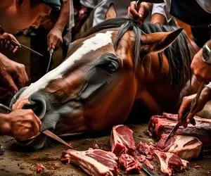 فرآوری اسب؛ اسب اصیل محتضر رو به چهار میخ میکشن گوشتشو اسلایس کردن واسه استیک