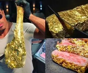 غذای طلایی ؛ پخت استیک با روکش طلا تو رستوران نصرت گوکچه همه طلا رو میندازه رو گوشت