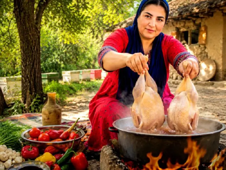 آشپزی روستایی؛ پخت مرغ زیر آتیش هیزم تو خونه گلی