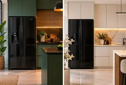 بهترین رنگ کابینت برای هماهنگی با یخچال فریزر مشکی؛ ست سازی اصولی و نمای قشنگ فضا