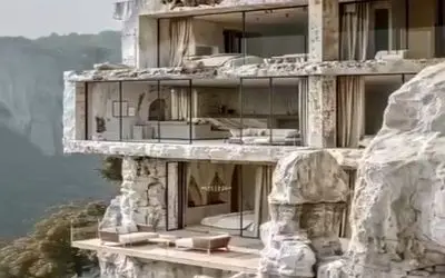 معماری غول آسا؛ ساخت ویلا تو کوه صخره ای عظیم با تمام و کمال دکوراسیون سنگی از خود کوه