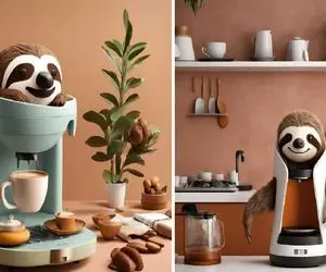 چیدمان مسحور کننده قوه‌ساز/ یک فنجان قهوه تازه و معطر با قهوه ساز طرح تنبل درختی