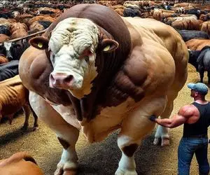 گاو باورنکردنی؛ گاو عضله ای روزانه 5بار شیر میده شاخش ماهانه یه چاقو اره ای میشه