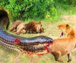 بدایع حیات وحش؛ شیر ددمنش یورش برد پیتون غول و ببلعه خودش بلعیده و مثله شد