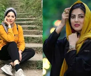 خانم بازیگر در منظره ای بسیار زیبا اما با تیشرت، شلوار و گردنی باز!