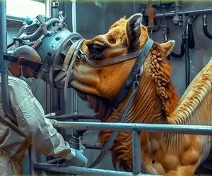 فرآوری شتر؛ گردن شتر ها رو کلفت و پرگوشت می کنن تا هر روز شیر بدوشن ازشون گالونی