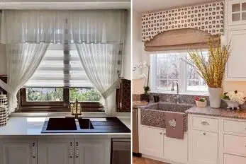 انواع پرده آشپزخانه (شید رول، زبرا، کافه ای،حریر ساده)؛ ست رنگ پرده با فرش و کابینت