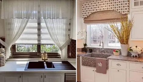 انواع پرده آشپزخانه (شید رول، زبرا، کافه ای،حریر ساده)؛ ست رنگ پرده با فرش و کابینت