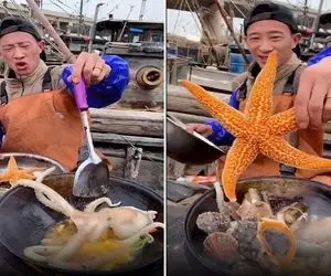 غذای جل الخالق؛ یارو چطور هشت پا زنده سرخ کرد بیچاره جون میده!