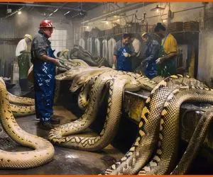 فرآوری مار؛ بعد از اینکه مار به سن قانونی رسید پوستشو میکَنه اتو میکنه لباس میدوزه