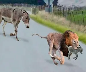جذابیت حیات وحش؛ شیر ددمنش توله الاغ قاپید خر سفاک بعد مسابقه دو به نیش کشید