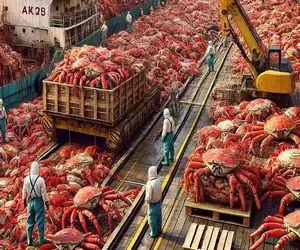 فرآوری خرچنگ؛ وسط طوفان خرچنگ غول پیکر صید میکنن ورقه ای برش میزنن واسه الویه