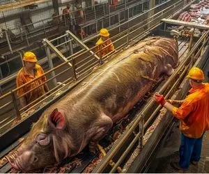 فرآوری خوک؛ 500 کیلو خوک رو انداختن رو میز تا واسه بهره برداری هر کی یک قسمت برش بزنه