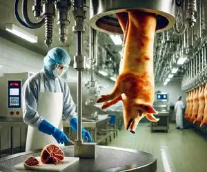 فرآوری خوک؛ پشم خوک حرومی و بعد جوشوندن میتراشه درسته چرخ میکنه واسه ساندویچ