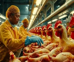 فرآوری مرغ؛ پر مرغ سفید و بعد تخم گذاری مکرر میکنه برا متکا گوشتشو سرخ میکنه