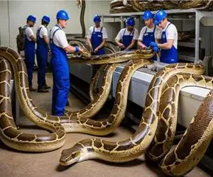 فرآوری مار؛ پیتون غول میکنن نه برای خزیدن برای طلای تو پوست و گوشتش