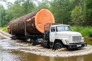 جا به جایی جانکاه؛ کامیون غول برای عبور دادن تنه درخت از جنگل به گل نشست