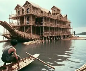 ابلهانه های جذاب؛ آقاهه تنهایی رو آب خانه ساخته با چوب بامبو دو طبقه عین کاخ سعدآباد