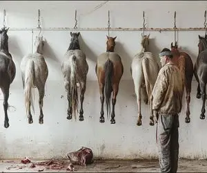 فرآوری اسب؛ اسب اصیل محتضر و بعد کارواش تو سلاخخونه به صورت مدرن ذبح میکنن