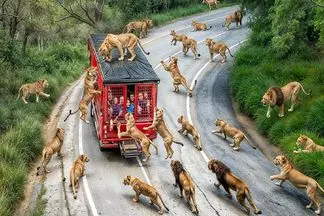 شاهکار حیات وحش؛ برای شیر و پلنگ ها باغ وحش سیار و گردون انسانی راه انداختن