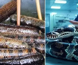 فرآوری مار؛ مارهای قلمی رو سوسیس می کنن و کلفت هایی مثل پیتون رو بیکن و برگر