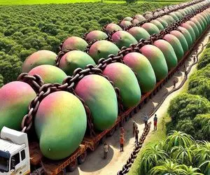 کشاورزی بدیع؛ با تجهیزات به روز گلابی 200 کیلویی چیدن با خاور حملش کردن درخت کج شد