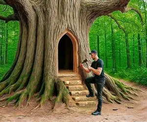 معماری خلاقانه / ساخت پناهگاه مخفی درون درخت غول با سوراخ کردن پیکره با پیکور