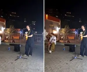 آواز خیابانی؛ آقا مو فرفری چه عاشقانه آهنگ بگذر ز من ای آشنا رو میخونه فقط بچه که میاد