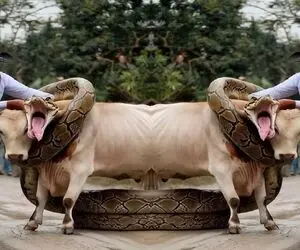 بدایع حیات وحش؛ پیتون غول دده پیچید دور گاو نر سفید گاوچرون سعی کرد نجاتش بده